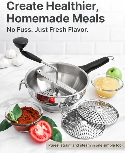 Vista 3 de Molino de alimentos de acero inoxidable con asas desmontables – Molino de manivela para comida de bebé, salsa de tomate y puré de papas – Incluye 3