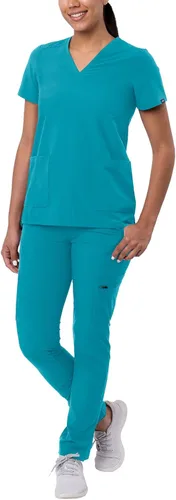 Vista 8 de Adar Addition Go-Basic - Conjunto de uniforme quirúrgico para mujer con blusa de cuello en V y pantalones cargo ajustados Rosa suave