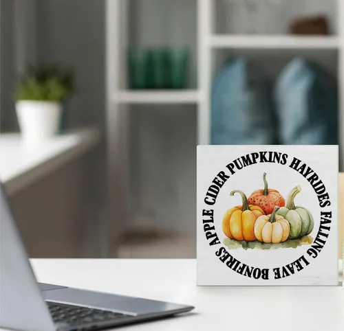 Vista 6 de Decoración de otoño con diseño de calabazas, letrero de madera para casa de campo, para decoración de interiores, 5 x 5 pulgadas