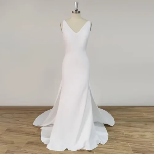 Vista 6 de SHANDUO - Vestido de novia con cuello en V, estilo bohemio, con tirantes delgados, sirena de satén, vestido de noche con cola
