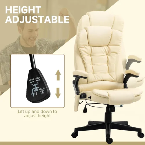 Vista 5 de HOMCOM, silla de oficina ejecutiva, ergonómica, piel sintética, con calor, masaje vibratorio., Cuero, Crema