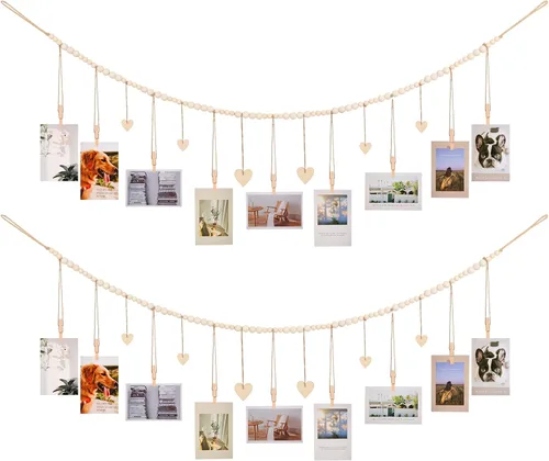 Vista 8 de KLOGTSIND Exhibición de fotos colgante con clips, 9 clips de madera, marcos de fotos bohemios, decoración de pared de collage, colgador de fotos