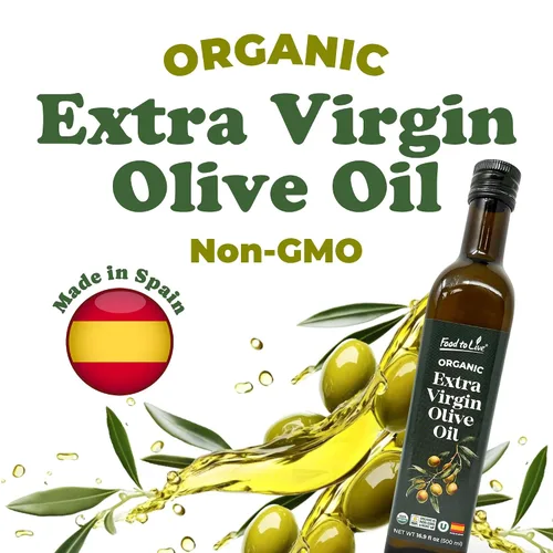Vista 2 de Food To Live Aceite de Oliva Virgen Extra Orgánico, 16.9oz (16.9 fl oz) – Prensado en frío. Rico en polifenoles. Sin OMG. Botella de vidrio.