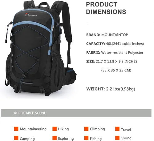 Vista 2 de MOUNTAINTOP Mochila de senderismo 40L, mochila ligera al aire libre Negro+Azul
