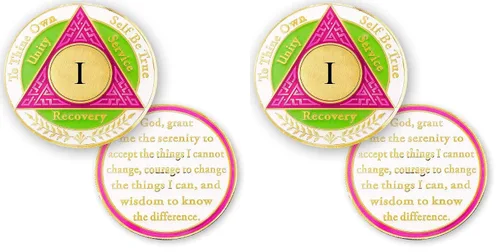Vista 2 de Moneda de sobriedad Medallones AA de 1 año - Fichas Alcohólicos Anónimos - Monedas de un año - Ficha Rosa Verde Blanco