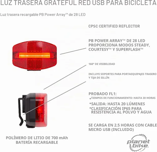Vista 7 de Planet Bike Luz trasera de bicicleta USB roja de Grateful 4.5 x 2.25 x 2.75