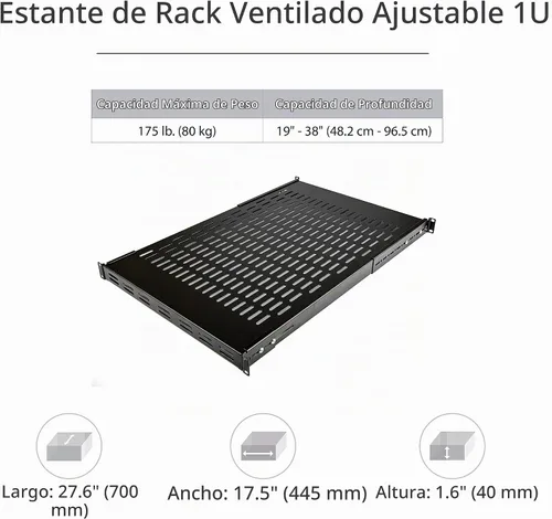 Vista 2 de StarTech Estante Bandeja Ajustable con Ventilación para Rack de Servidores 1U - 175lbs - Profundidad de Montaje Ajustable de 19.5 a 38 Pulgadas