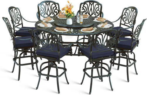 Vista 15 de Juego de barra para exteriores de 10 piezas, muebles de bar de aluminio fundido para todo tipo de clima con 8 taburetes de bar giratorios Bronce