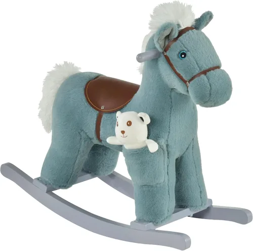 Vista 12 de Qaba Caballo mecedor de peluche para niños con juguete de oso, silla para niños con juguete de felpa suave y divertidos sonidos realistas, rosa