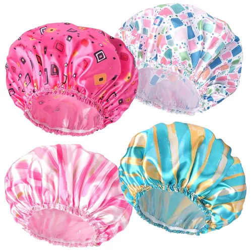 Vista 20 de 4 piezas de gorros de ducha para mujer, gorros de baño con estampado, gorro de ducha de doble capa reutilizable e impermeable, gorros de ducha