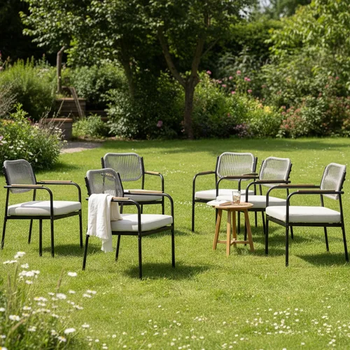 Vista 15 de Juego de 2 sillas de comedor para exteriores, sillas de comedor de mimbre para patio con cojines extraíbles, silla de mesa rectangular para patio