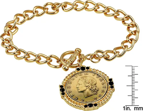 Vista 4 de American Coin Treasures Pulsera italiana con dije de moneda de 20 lira Pulsera italiana de 20 liras en tono dorado con piedras redondas facetadas