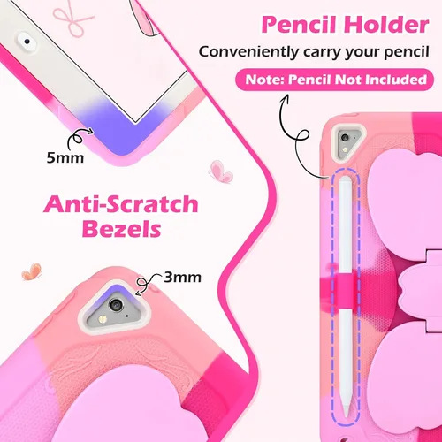 Vista 4 de VOFUOE Funda para iPad de 6ª/5ª generación para niños y niñas, funda para iPad de 9.7 2018 2017 con soporte de lazo, correa para el hombro, soporte