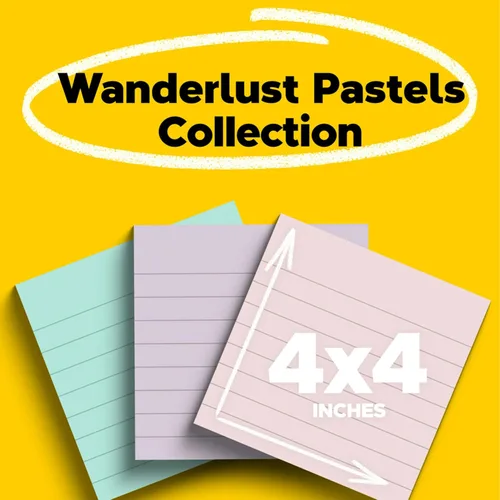 Vista 2 de Post-it Notas Super Adhesivas de Papel 100% Reciclado, 2 Veces el Poder de Adhesión, 4x4 pulgadas, Rayadas, 3 Blocs, 70 Hojas/Bloc, Colección
