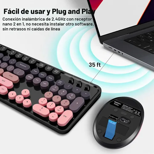 Vista 2 de Kootop - Combo de teclado y mouse inalámbrico, teclado retro colorido lindo con 104 teclas, teclas redondas estilo máquina de escribir para PC