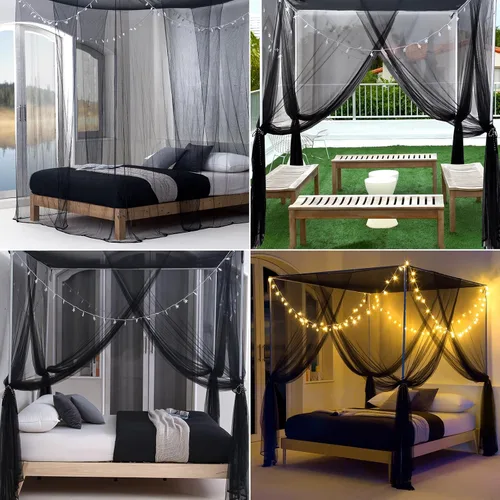 Vista 6 de Twinkle Star Mosquitera de 4 esquinas con 100 luces LED de estrella, funciona con pilas, cortinas de cama para cama