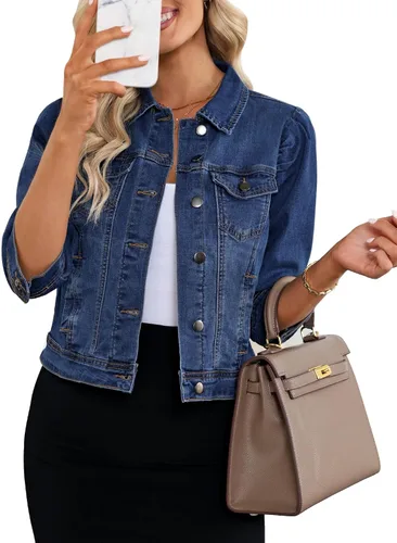 Vista 12 de Vetinee Chaqueta de mezclilla recortada para mujer, elástica, manga abombada 3/4, con bolsillos Azure Mood