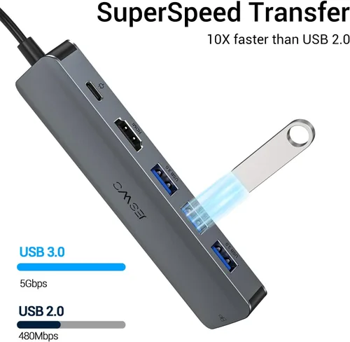 Vista 5 de Hub USB C, adaptador multipuerto USB C de JESWO con RJ45 Ethernet, 4K HDMI, 100 W PD, 3 puertos USB 3.0, base tipo C para laptop Thunderbolt 3