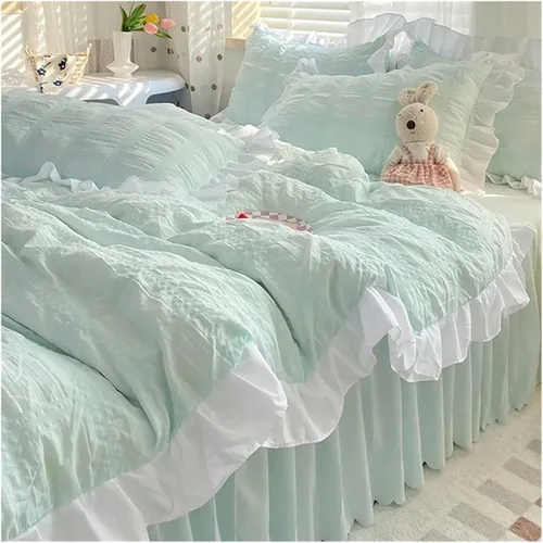 Vista 3 de ADovz Juego de ropa de cama con volantes y encaje, falda de cama para mujer, color sólido, tamaño Queen, juego de funda de edredón para cama doble