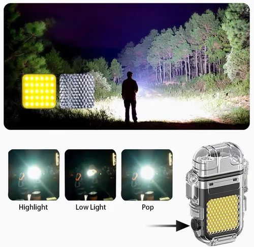Vista 3 de Encendedor eléctrico de arco al aire libre, encendedor recargable por USB, linterna LED, encendedor de plasma de doble arco perfecto para camping