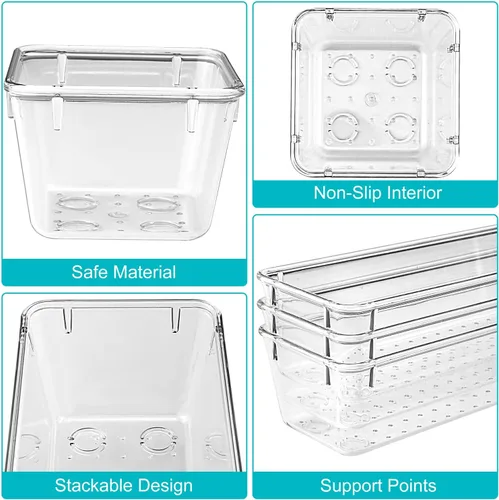 Vista 4 de Juego de 25 cubos organizadores antideslizantes para cajones, contenedores transparentes con almohadillas antideslizantes para pegar
