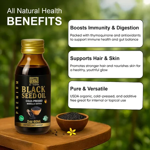 Vista 4 de Aceite de semilla negra orgánico prensado en frío – Aceite de kalonji premium para el cabello, la piel y la salud digestiva – Nigella sativa pura