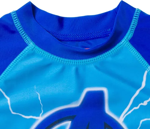 Vista 2 de Marvel Avengers Spider-Man Hulk Black Panther Iron Man Thor Rash Guard - Camiseta de natación para niños pequeños y grandes Azul