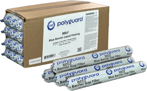Vista 7 de POLYGUARD Blue Barrier Liquid Flashing Paquete de 12 tubos de salchicha de 20 onzas. Sistema de barrera de aire resistente a la intemperie alrededor