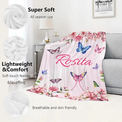 Vista 5 de Manta de mariposa personalizada con nombre de mariposa para niños y niñas, regalo para amantes de las mariposas, franela suave y acogedora, ligera