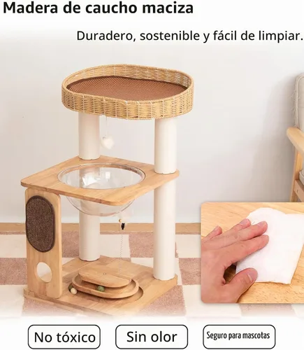 Vista 4 de Torre de madera para gatos de 32 pulgadas, cuenco acrílico, cama