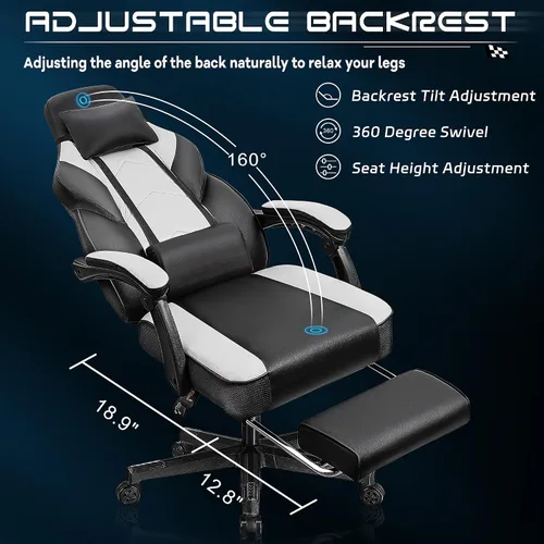 Vista 4 de Silla de juegos para adultos, sillas de juegos con reposapiés, silla ergonómica de videojuegos con masaje lumbar grande y alta silla de computadora
