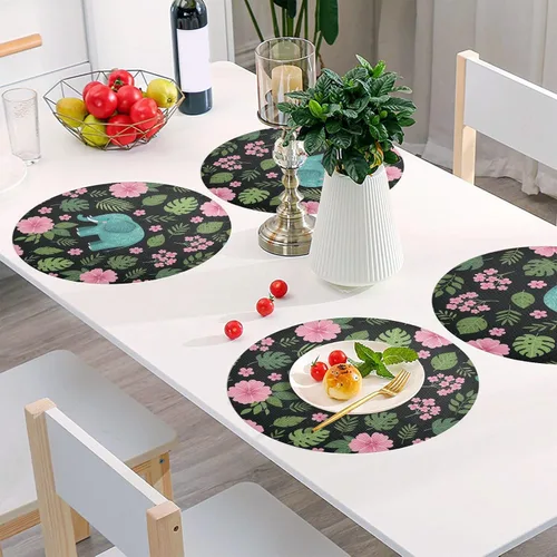 Vista 6 de Playful Teal Elephants Round Table Placemats, Heat Resistant Non Slip Circle Washable Placemats for Kitchen one sizex1