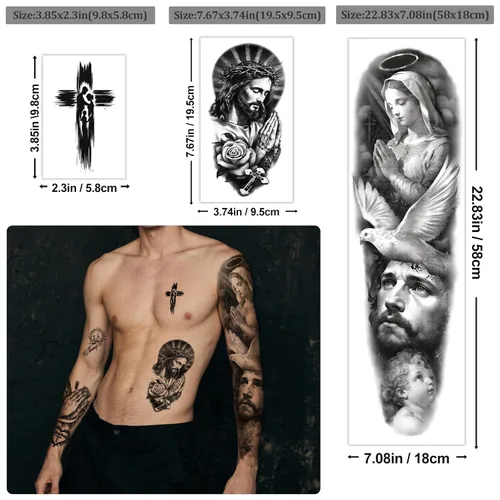 Vista 2 de Yazhiji 48 hojas de tatuajes temporales cristianos de brazo completo para adultos, tatuajes falsos de medio brazo religiosos de Jesús Cristo, cruz