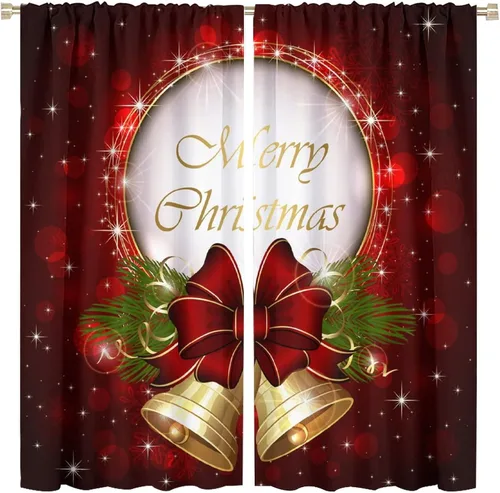 Vista 24 de Cortina opaca de Navidad para ventana, campanas de Navidad, festivales, decoración de atmósfera, cortina para sala de estar, habitación