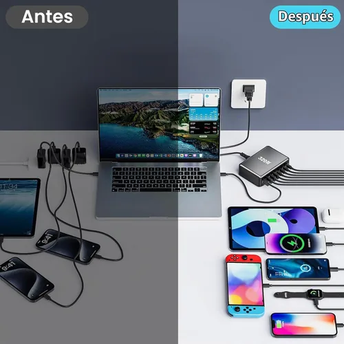 Vista 5 de 320W USB C Cargador Rápido de Bloque, Estación de Carga USB de 8 Puertos, Cargador de Pared para Laptop GaN Ⅲ Pro 100W PD PPS Puerto Estación