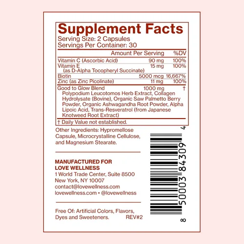 Vista 6 de Love Wellness Bueno para brillar Suplemento de colágeno con biotina, vitamina C, E, Ashwagandha y zinc Promueve una piel suave, brillante