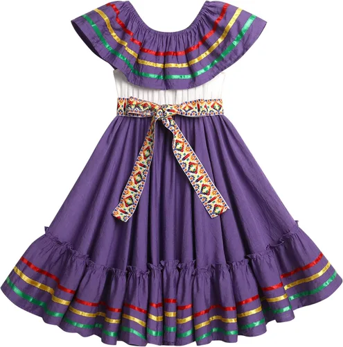 Vista 8 de IBTOM CASTLE Vestido mexicano para niñas, vestido folklórico tradicional con cinturón Rojo