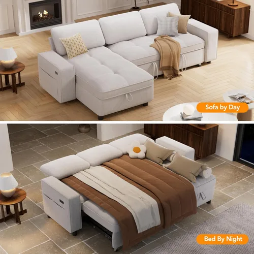 Vista 9 de Vipbear Sofá cama modular de 81 pulgadas con cama extraíble, sofá en forma de L con respaldo reclinable, diván de almacenamiento reversible, puertos