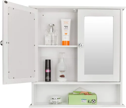 Vista 4 de Gabinetes de medicina de baño con espejo, gabinete de baño montado en la pared gabinete de almacenamiento de madera gabinete de pared de baño