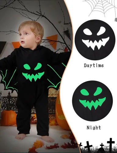 Vista 4 de Goodstoworld Disfraz de Halloween para bebé recién nacido, para niño y niña, color negro con murciélago que brilla en la oscuridad, body de 0 a 18