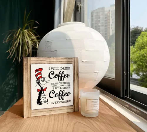 Vista 4 de Letrero de placa de madera con texto en inglés «I will Drink Coffee Everywhere», caja de madera decorativa de escritorio, placa rústica de madera