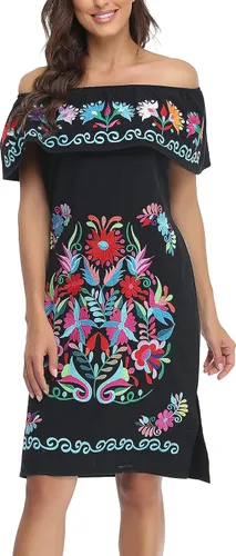 Vista 9 de YZXDORWJ Vestido bordado mexicano sin mangas con cuello de volantes para mujer