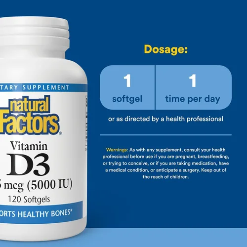 Vista 3 de Natural Factors - Vitamina D3 5000 UI, apoya huesos saludables, 120 geles blandos