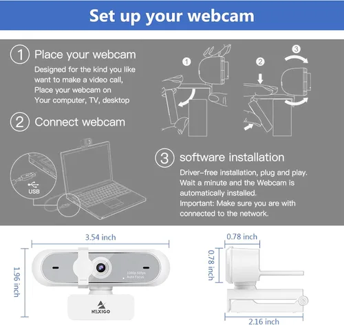 Vista 7 de NexiGo N660P - Cámara web 1080P de 60FPS con control de software, micrófono dual y cubierta, enfoque automático, cámara web USB HD para ordenador