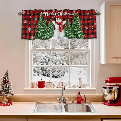 Vista 61 de Cenefa de cortina con lazo rojo de Navidad para ventanas, sala de estar, cocina, baño, granja, bolas de Navidad de acuarela con diseño de bayas