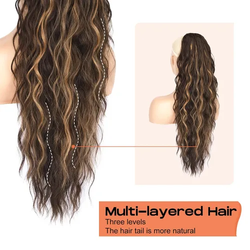 Vista 2 de SEIKEA PT003 - Extensión de cola de caballo de 26 pulgadas, cola de caballo larga con cordón, extensiones de cabello ondulado con clip, extensiones