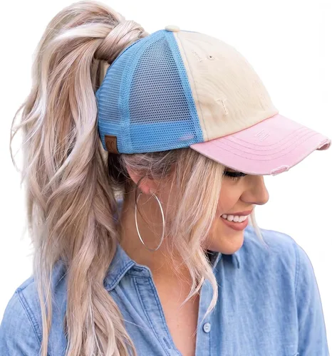 Vista 16 de Funky Junque - Sombrero de cola de caballo para mujer, gorra de béisbol con ajuste ajustable y cola de caballo alta cruzada para uso diario Paquete