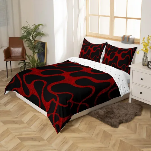 Vista 2 de Juego de ropa de cama decorativa roja y negra, funda de edredón geométrica con líneas de rayas abstractas para niños, niñas, niños, adolescentes