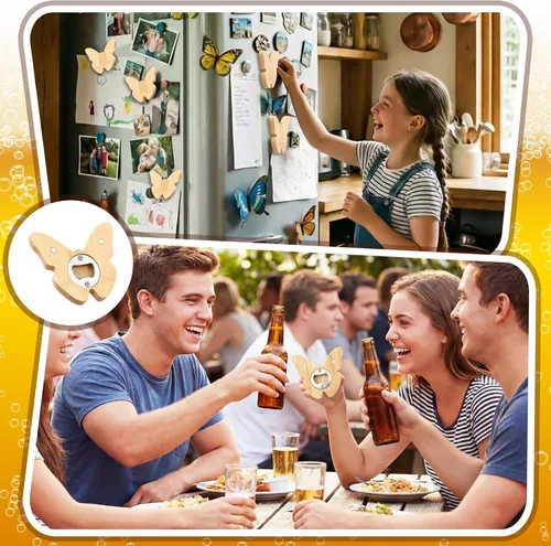 Vista 5 de Vesici 24 piezas de abrebotellas magnético de 6.35 cm DIY en forma de mariposa de bambú, abrebotellas de madera, imán de nevera, adhesivo
