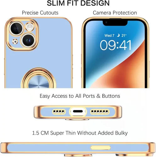 Vista 3 de BENTOBEN Funda para iPhone 14 Plus, soporte de anillo delgado con soporte, protección a prueba de golpes, parachoques de TPU suave, azul claro